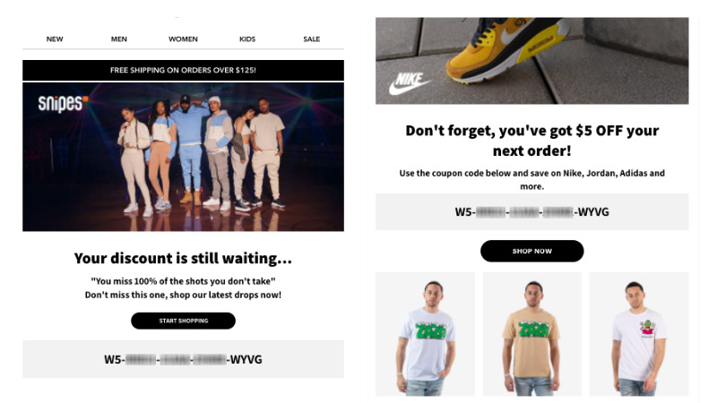 Snipes - Email Examples With Unique Coupon Code Promotions
