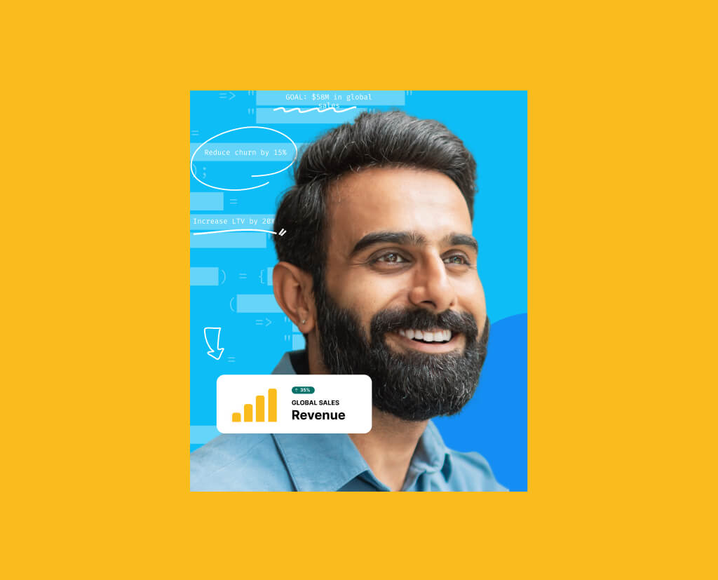 Person smiling over a blue background