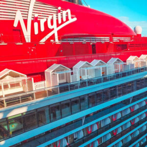 Virgin Voyages logo on ship