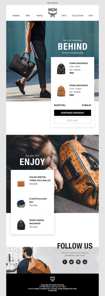 MCM cart abandon email example