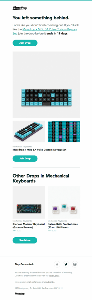 Massdrop cart abandon email example